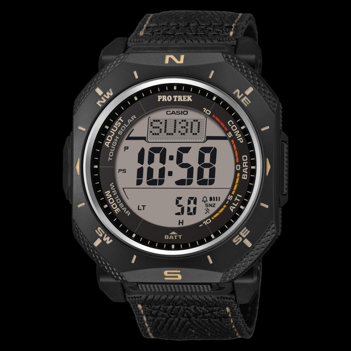 نمای روبرو از ساعت مچی دیجیتال Casio Pro Trek مدل PRG-69B-1 با بند پارچه‌ای مشکی.