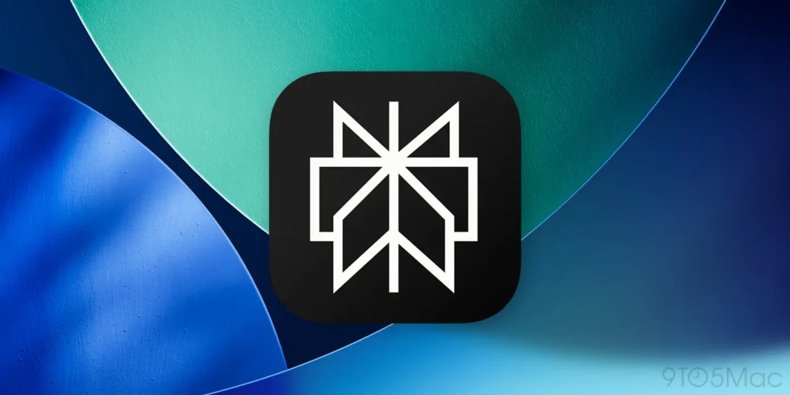 آیکون سیاه و سفید انتزاعی مرورگر Comet از شرکت Perplexity بر روی پس‌زمینه‌ای با اشکال هندسی آبی و سبز.