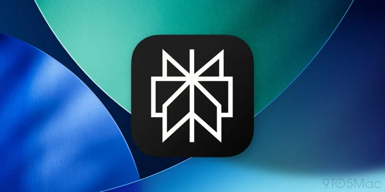 آیکون سیاه و سفید انتزاعی مرورگر Comet از شرکت Perplexity بر روی پس‌زمینه‌ای با اشکال هندسی آبی و سبز.