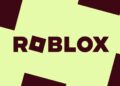 لوگوی تایپوگرافی شده ROBLOX با رنگ قهوه‌ای تیره روی پس‌زمینه‌ای به رنگ سبز روشن به همراه چند مربع کج در گوشه‌ها.