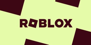 لوگوی تایپوگرافی شده ROBLOX با رنگ قهوه‌ای تیره روی پس‌زمینه‌ای به رنگ سبز روشن به همراه چند مربع کج در گوشه‌ها.