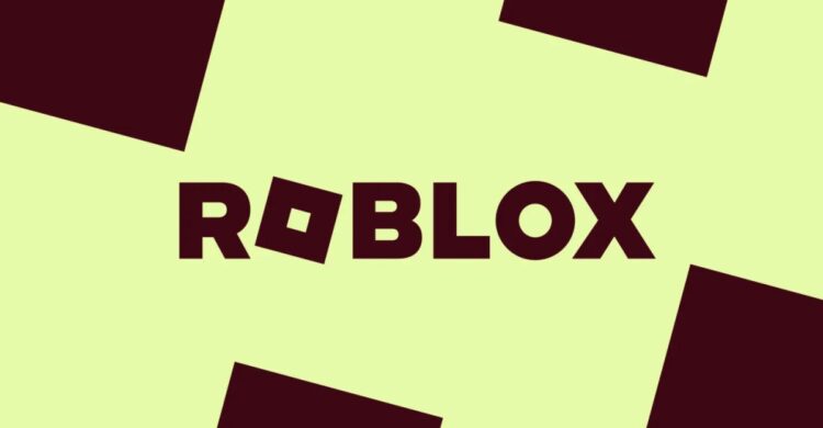 لوگوی تایپوگرافی شده ROBLOX با رنگ قهوه‌ای تیره روی پس‌زمینه‌ای به رنگ سبز روشن به همراه چند مربع کج در گوشه‌ها.