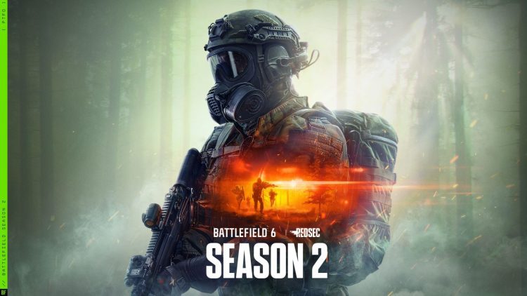 تصویر کیآرت رسمی Battlefield 6 Season 2 که یک اپراتور نظامی مجهز با ماسک تاکتیکی و سلاح پیشرفته را در محیطی مهآلود نمایش میدهد؛ جلوههای نوری نارنجی و سبز، فضای جنگی و هویت بصری فصل RedSec را برجسته میکنند.