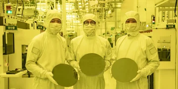 نمای داخلی یک کارخانه پیشرفته تولید نیمه‌هادی با نور زرد مخصوص محیط‌های کلین‌روم، که در آن چند ویفر سیلیکونی دایره‌ای در مرکز تصویر دیده می‌شوند؛ تجهیزات صنعتی تولید تراشه در پس‌زمینه قرار دارند و تصویر به فرایند ساخت تراشه‌های پیشرفته ۳ نانومتری در خطوط تولید مدرن اشاره دارد.