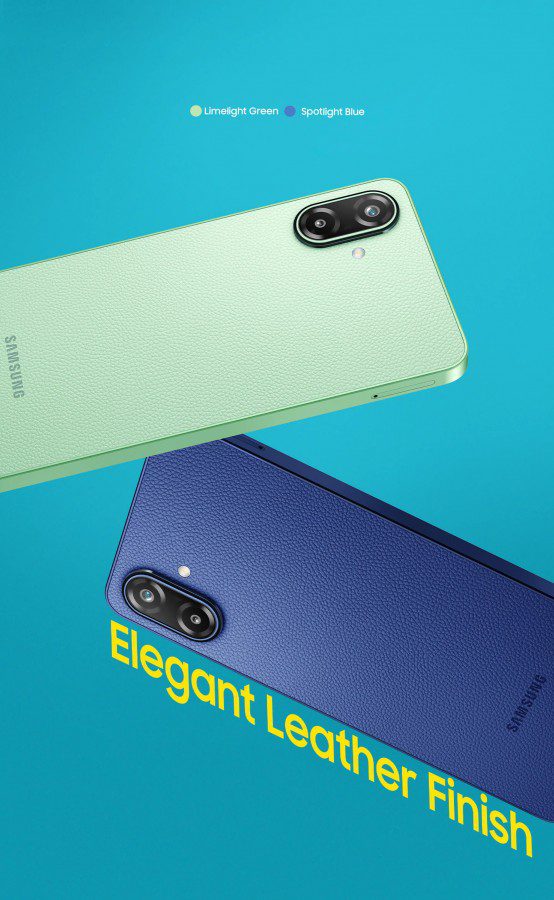 دو گوشی Galaxy F70e با بدنه چرمی در رنگهای سبز لیمویی و آبی تیره.