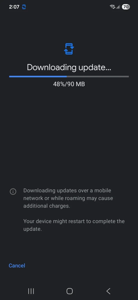اسکرین‌شات از محیط دانلود آپدیت سیستم گوگل پلی در گوشی گلکسی اس ۲۳.