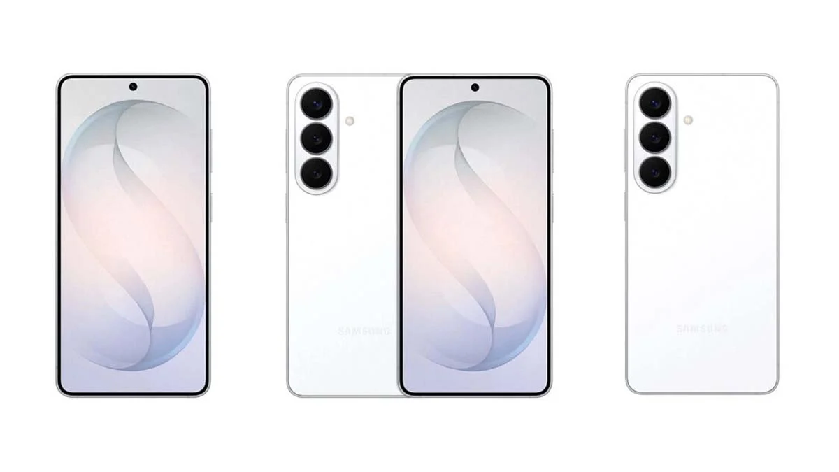 تصویر مفهومی از Galaxy S26 Plus که نمای جلو و پشت دستگاه را در کنار هم نمایش می‌دهد؛ طراحی شامل نمایشگر تخت با حفره مرکزی دوربین سلفی و پنل پشتی ساده با ماژول دوربین سه‌گانه عمودی است که زبان طراحی مینیمال سری جدید Galaxy S را نشان می‌دهد.