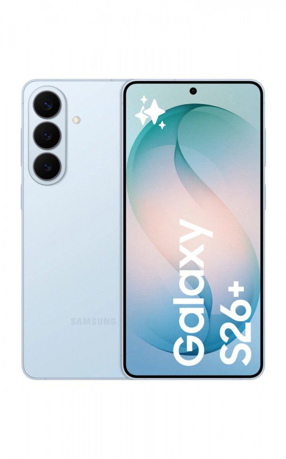 گوشی سامسونگ +Galaxy S26 به رنگ آبی آسمانی روشن با طراحی مینیمال و دوربین‌های برجسته.