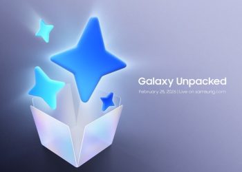 تصویر تبلیغاتی رویداد Galaxy Unpacked با طراحی مینیمال، شامل یک جعبه باز مفهومی که ستاره‌های سه‌بعدی آبی‌رنگ از آن خارج می‌شوند؛ در سمت راست تصویر، متن «Galaxy Unpacked – February 25, 2026 | Live on samsung.com» دیده می‌شود که به مراسم معرفی محصولات جدید سامسونگ اشاره دارد.