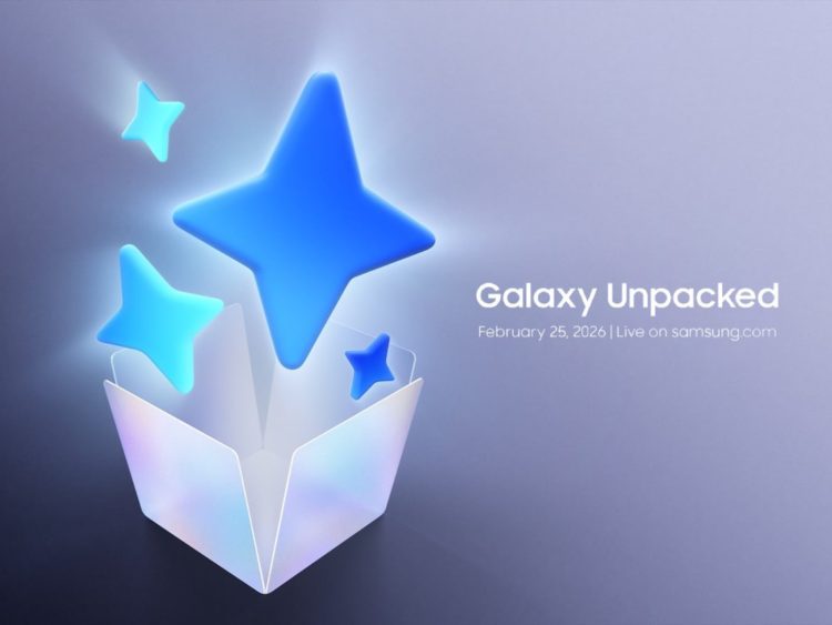 تصویر تبلیغاتی رویداد Galaxy Unpacked با طراحی مینیمال، شامل یک جعبه باز مفهومی که ستارههای سهبعدی آبیرنگ از آن خارج میشوند؛ در سمت راست تصویر، متن «Galaxy Unpacked – February 25, 2026 | Live on samsung.com» دیده میشود که به مراسم معرفی محصولات جدید سامسونگ اشاره دارد.