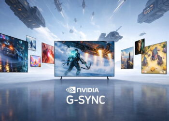 چند نمایشگر بزرگ Samsung OLED در یک فضای مفهومی آینده‌نگر معلق هستند که صحنه‌های متنوعی از بازی‌های ویدیویی و محتوای گرافیکی را نمایش می‌دهند. در مرکز تصویر، لوگوی NVIDIA G‑SYNC دیده می‌شود که بر پشتیبانی این تلویزیون‌ها از نرخ نوسازی متغیر، هماهنگی فریم و تجربه گیمینگ روان تأکید دارد. نورپردازی سرد و طراحی سینمایی، تمرکز تصویر را بر عملکرد و کیفیت بصری OLED قرار می‌دهد.