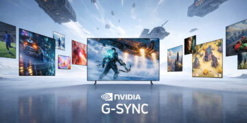 چند نمایشگر بزرگ Samsung OLED در یک فضای مفهومی آیندهنگر معلق هستند که صحنههای متنوعی از بازیهای ویدیویی و محتوای گرافیکی را نمایش میدهند. در مرکز تصویر، لوگوی NVIDIA G‑SYNC دیده میشود که بر پشتیبانی این تلویزیونها از نرخ نوسازی متغیر، هماهنگی فریم و تجربه گیمینگ روان تأکید دارد. نورپردازی سرد و طراحی سینمایی، تمرکز تصویر را بر عملکرد و کیفیت بصری OLED قرار میدهد.