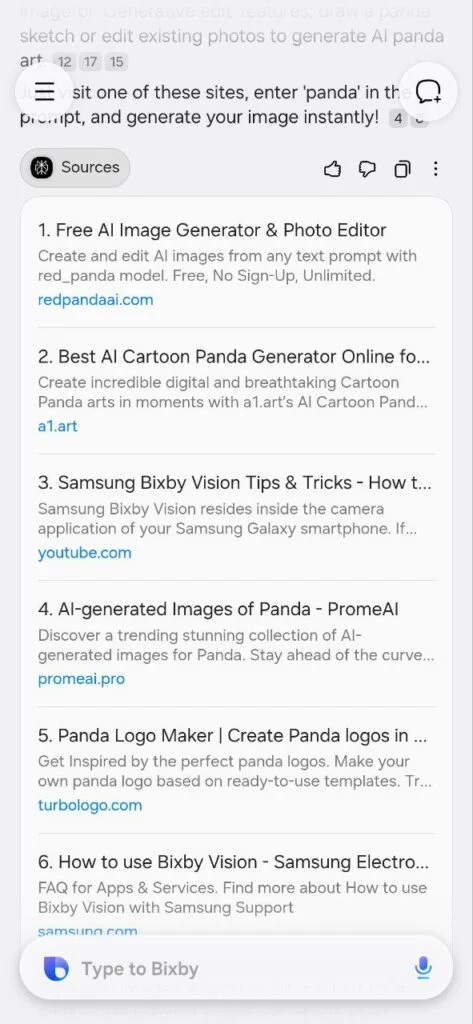 رابط کاربری جدید بیکسبی که لیستی از منابع و نتایج جستجوی وب (مشابه Perplexity) را درباره تولید تصاویر هوش مصنوعی نمایش می‌دهد.