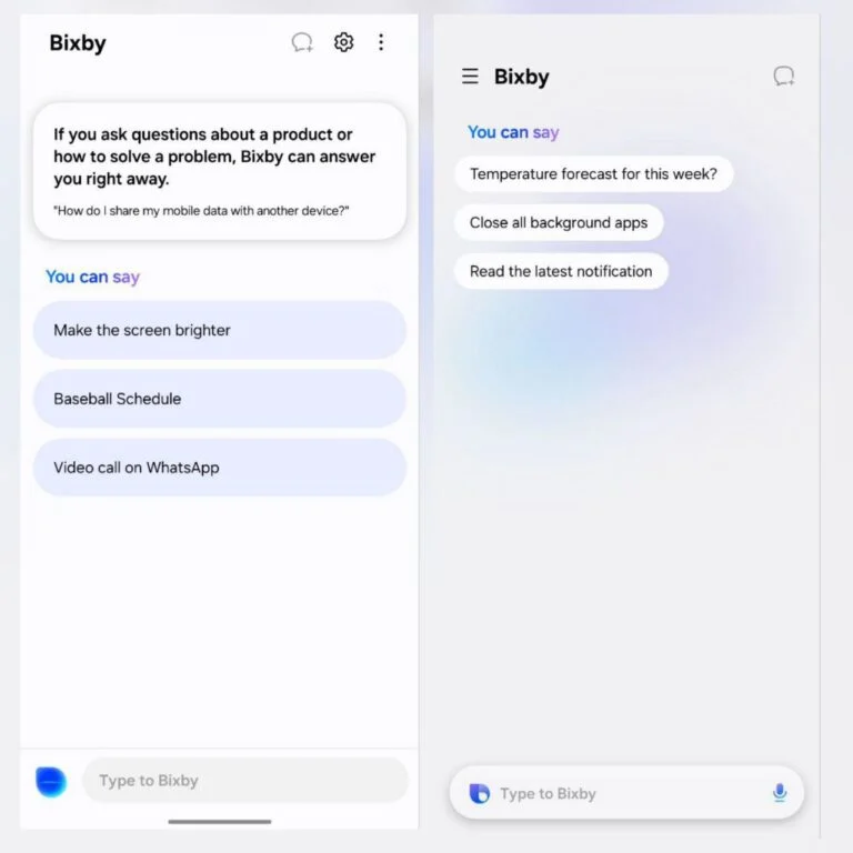 مقایسه دو نسخه از محیط کاربری بیکسبی با پیشنهادهای متنی مانند "نور صفحه را زیاد کن" و "وضعیت آب‌وهوا".