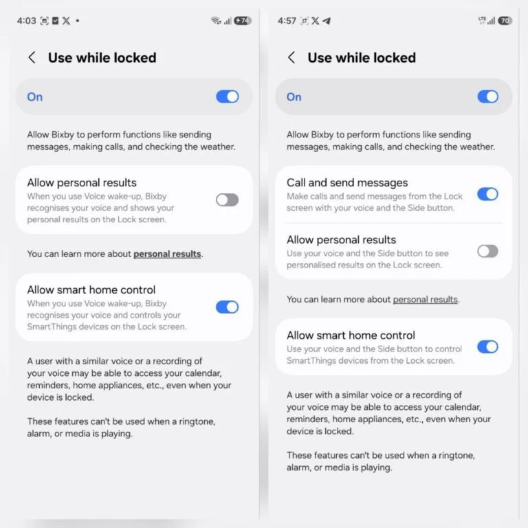 اسکرین‌شات از لیست کامل تنظیمات پیشرفته بیکسبی شامل پردازش آفلاین، شخصی‌سازی و تنظیمات حریم خصوصی.