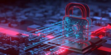 یک طرح گرافیکی سه‌بعدی از یک قفل قرمز درخشان روی مدارهای الکترونیکی که نماد امنیت داده و حملات سایبری است.