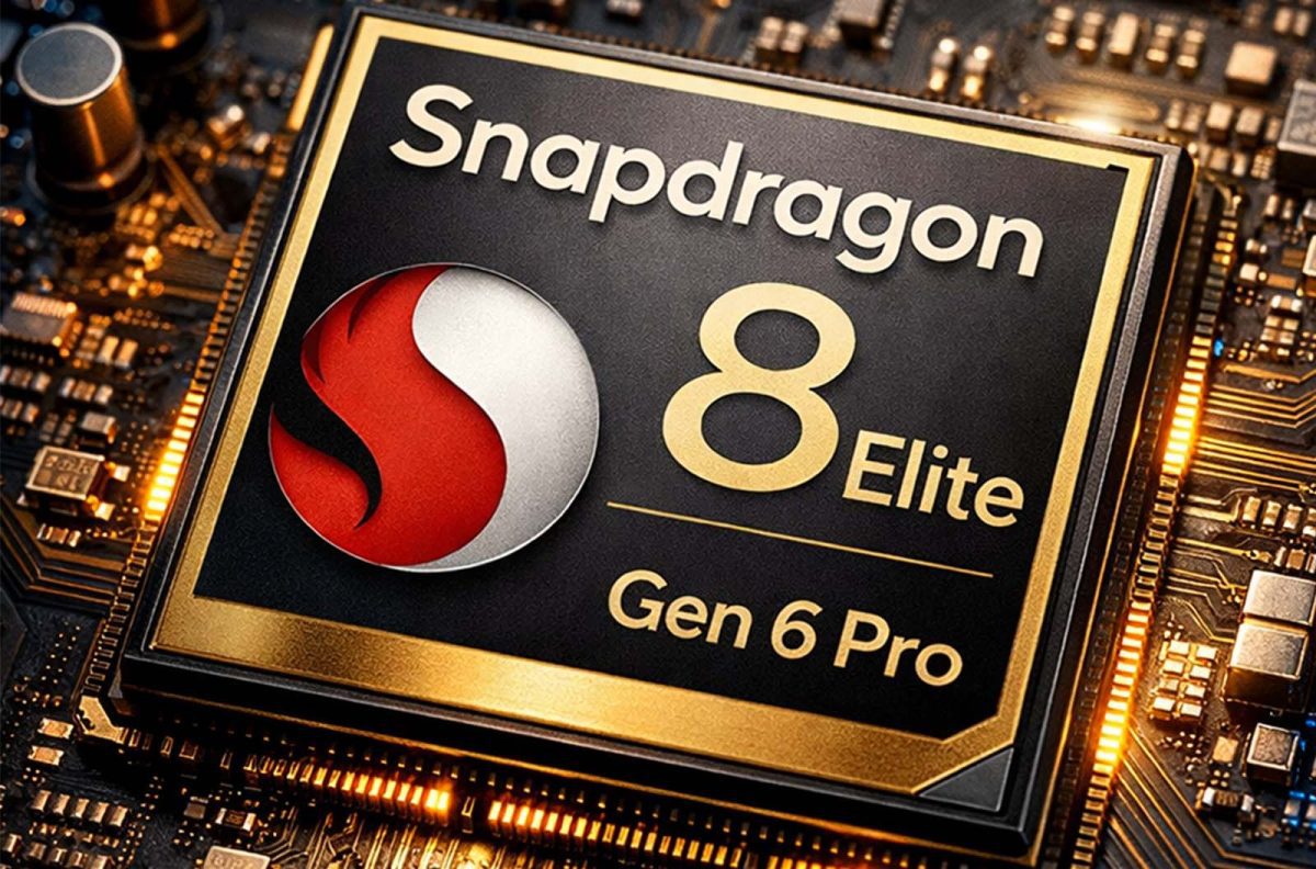 تصویر مفهومی از چیپست Qualcomm Snapdragon 8 Elite Gen 6 Pro نصب‌شده روی برد الکترونیکی، با قاب مشکی و حاشیه طلایی، لوگوی Snapdragon و تایپوگرافی برجسته نام تراشه که به توان پردازشی، گرافیکی و قابلیت‌های پیشرفته هوش مصنوعی در نسل جدید پردازنده‌های موبایل اشاره دارد.