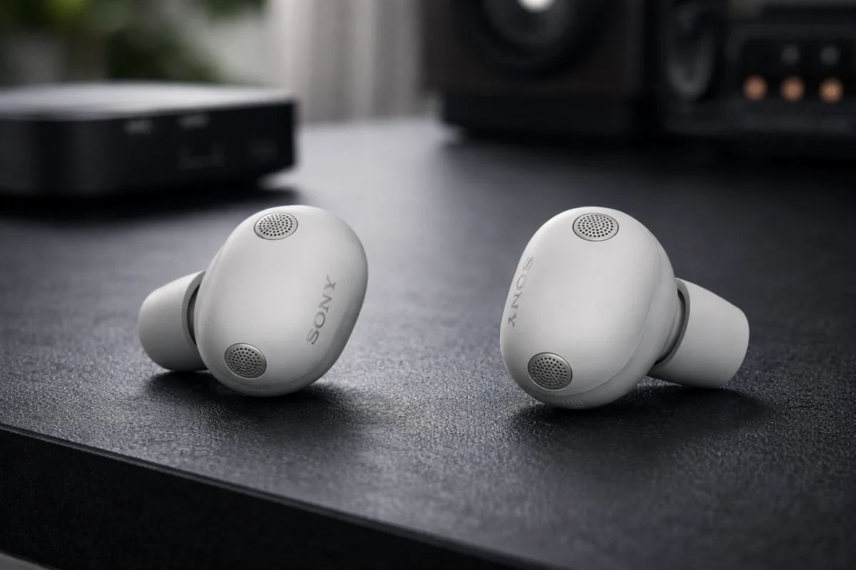 دو عدد ایرباد سفید رنگ سونی مدل WF-1000XM6 روی یک میز تیره.
