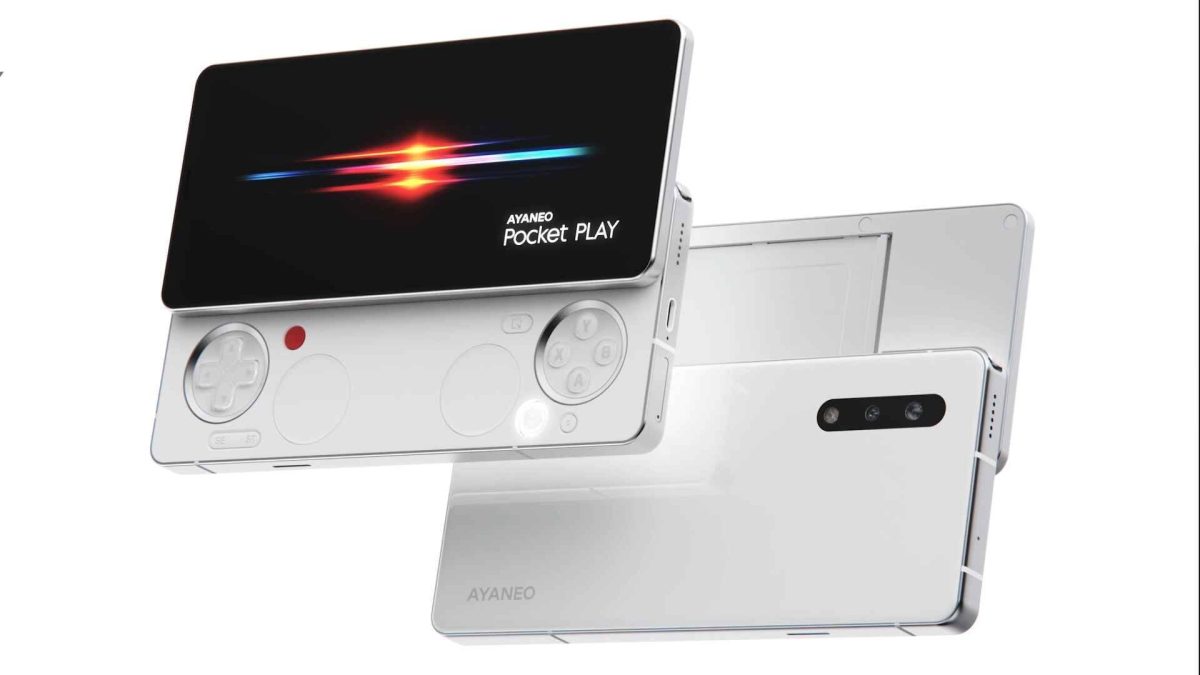 کنسول دستی Ayaneo Pocket Play با صفحه نمایش کشویی که دکمههای بازی زیر آن قرار دارند.