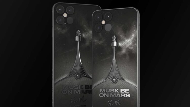 رندر مفهومی گوشی استارلینک با طرح موشک SpaceX و عبارت "Musk Be On Mars" روی بدنه.