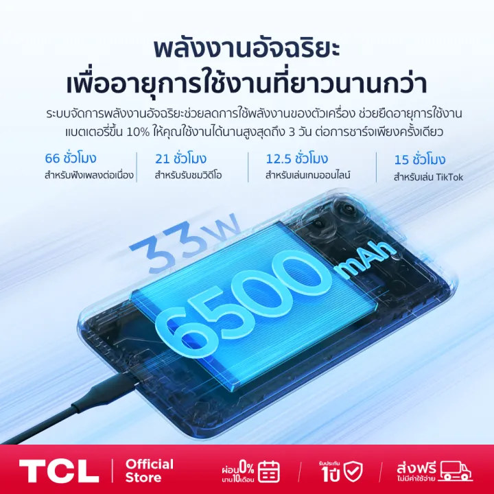 پوستر رسمی مشخصات TCL K70 Power شامل باتری ۶۵۰۰ میلی‌آمپری، تراشه Helio G100 و ۲۴ گیگابایت رم.
