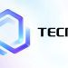 «لوگوی هندسی و کریستالی جدید برند TECNO با رنگ‌های آبی و بنفش در کنار نام برند با فونت مشکی.»