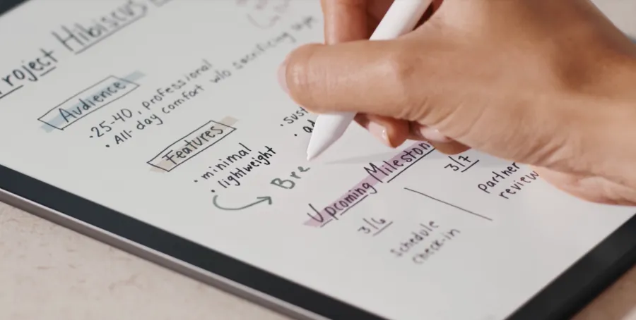 نمای نزدیک از دست یک نفر در حال نوشتن و هایلایت کردن متن با قلم روی صفحه نمایش کیندل.