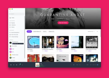 اسکرین‌شات از یک نرم‌افزار پخش موسیقی با طراحی مدرن که آلبوم‌های مختلف و لیست دوستان را در یک محیط گرافیکی سفید و خاکستری نشان می‌دهد.