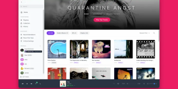 اسکرین‌شات از یک نرم‌افزار پخش موسیقی با طراحی مدرن که آلبوم‌های مختلف و لیست دوستان را در یک محیط گرافیکی سفید و خاکستری نشان می‌دهد.