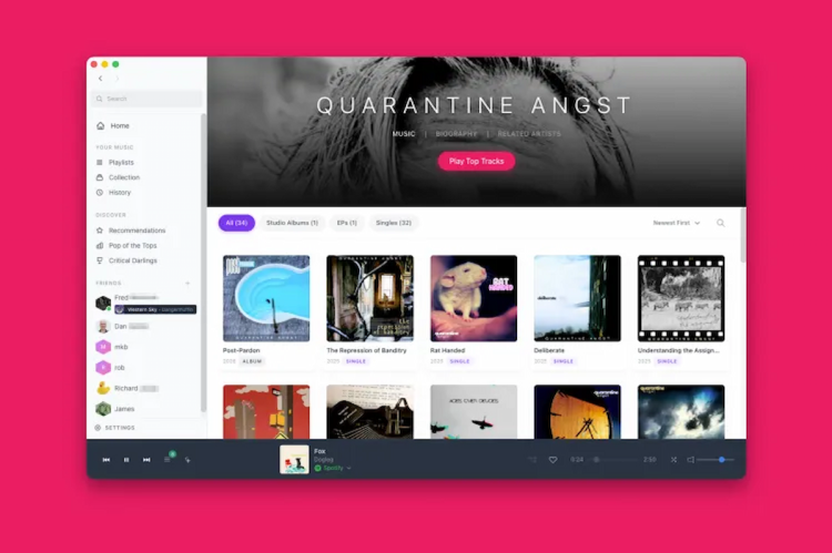 اسکرین‌شات از یک نرم‌افزار پخش موسیقی با طراحی مدرن که آلبوم‌های مختلف و لیست دوستان را در یک محیط گرافیکی سفید و خاکستری نشان می‌دهد.