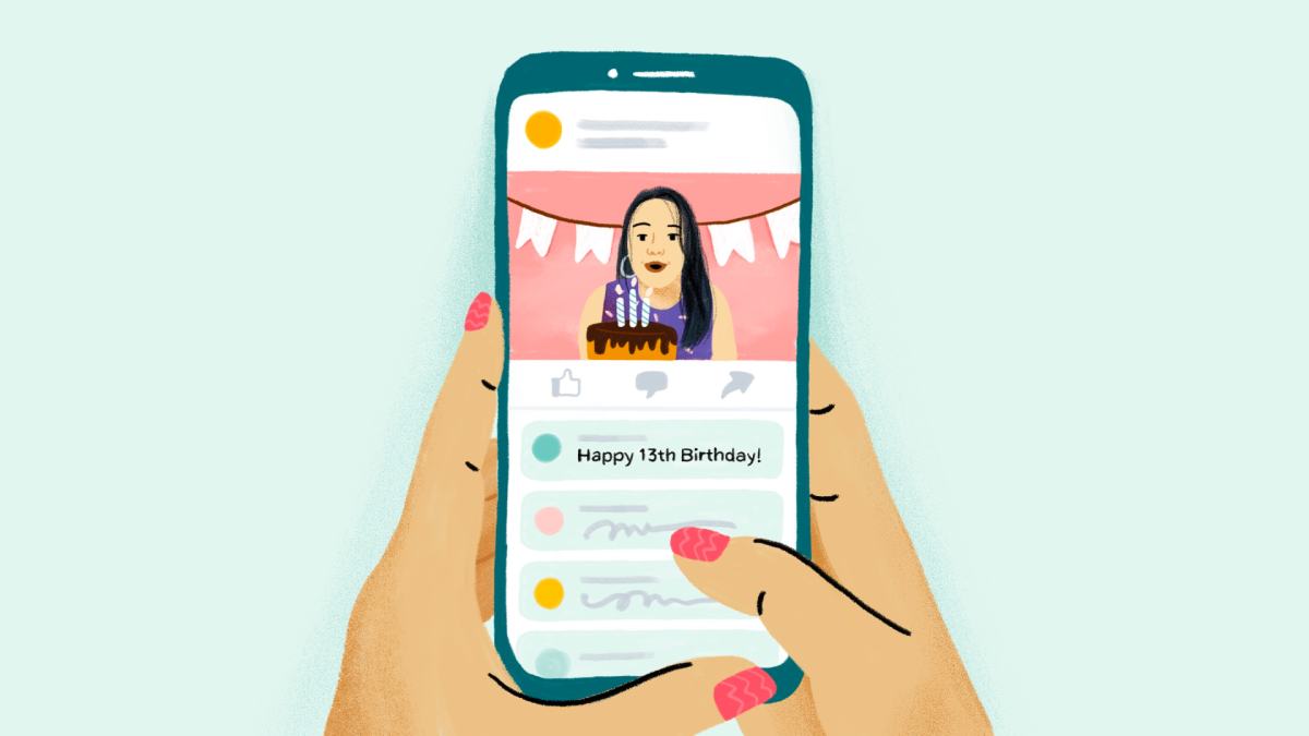 تصویری تصویرسازی‌شده از فردی که با گوشی در حال مشاهده یک پست تبریک تولد ۱۳ سالگی در یک شبکه اجتماعی است.
