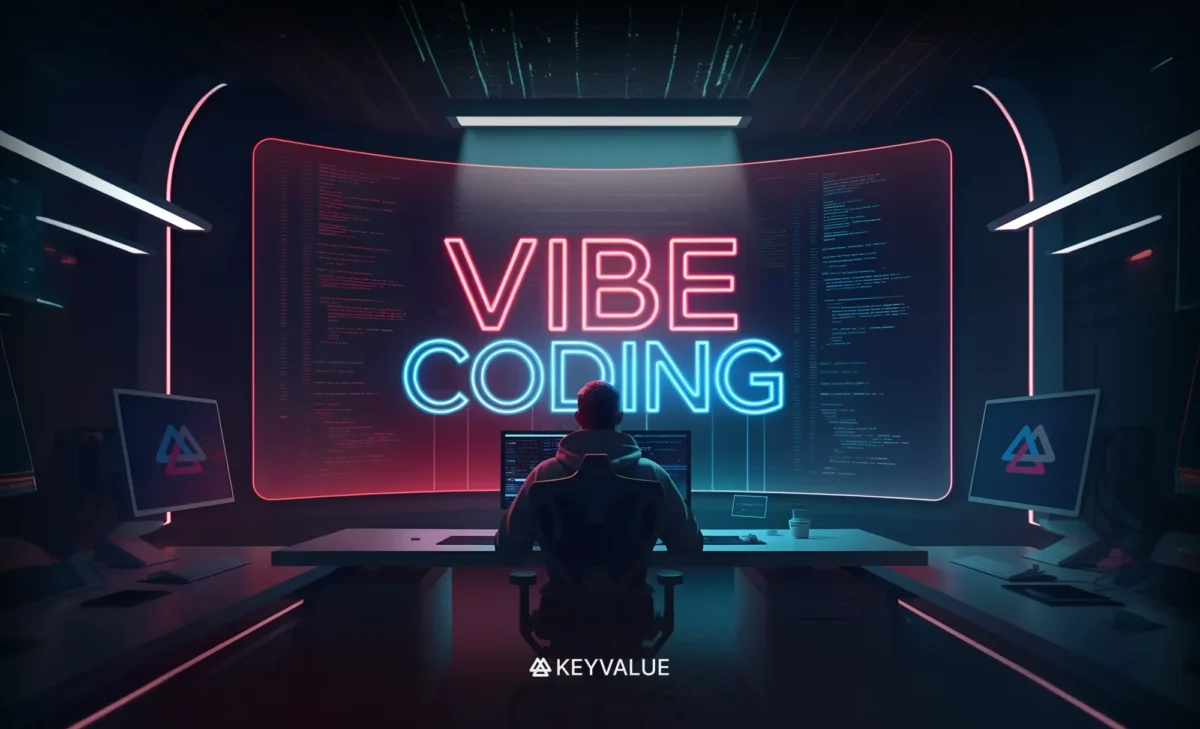 یک تصویر گرافیکی آینده‌نگرانه از شخصی پشت مانیتورهای متعدد که عبارت "VIBE CODING" با نور نئون در مرکز آن می‌درخشد.
