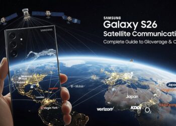 پوستر مفهومی ارتباط ماهواره‌ای Galaxy S26؛ دستی گوشی را مقابل نمای زمین از فضا نگه داشته و مسیرهای ارتباطی روی نقشه نورانی دیده می‌شود؛ چند ماهواره بالای تصویر قرار دارند و تیتر “Galaxy S26 Satellite Communication” همراه با نام برخی اپراتورها نمایش داده شده است