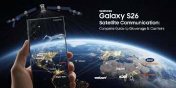 پوستر مفهومی ارتباط ماهواره‌ای Galaxy S26؛ دستی گوشی را مقابل نمای زمین از فضا نگه داشته و مسیرهای ارتباطی روی نقشه نورانی دیده می‌شود؛ چند ماهواره بالای تصویر قرار دارند و تیتر “Galaxy S26 Satellite Communication” همراه با نام برخی اپراتورها نمایش داده شده است