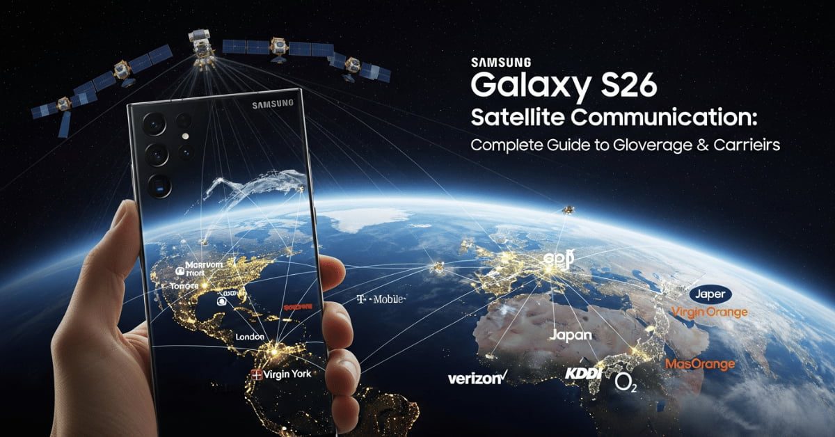 پوستر مفهومی ارتباط ماهوارهای Galaxy S26؛ دستی گوشی را مقابل نمای زمین از فضا نگه داشته و مسیرهای ارتباطی روی نقشه نورانی دیده میشود؛ چند ماهواره بالای تصویر قرار دارند و تیتر “Galaxy S26 Satellite Communication” همراه با نام برخی اپراتورها نمایش داده شده است