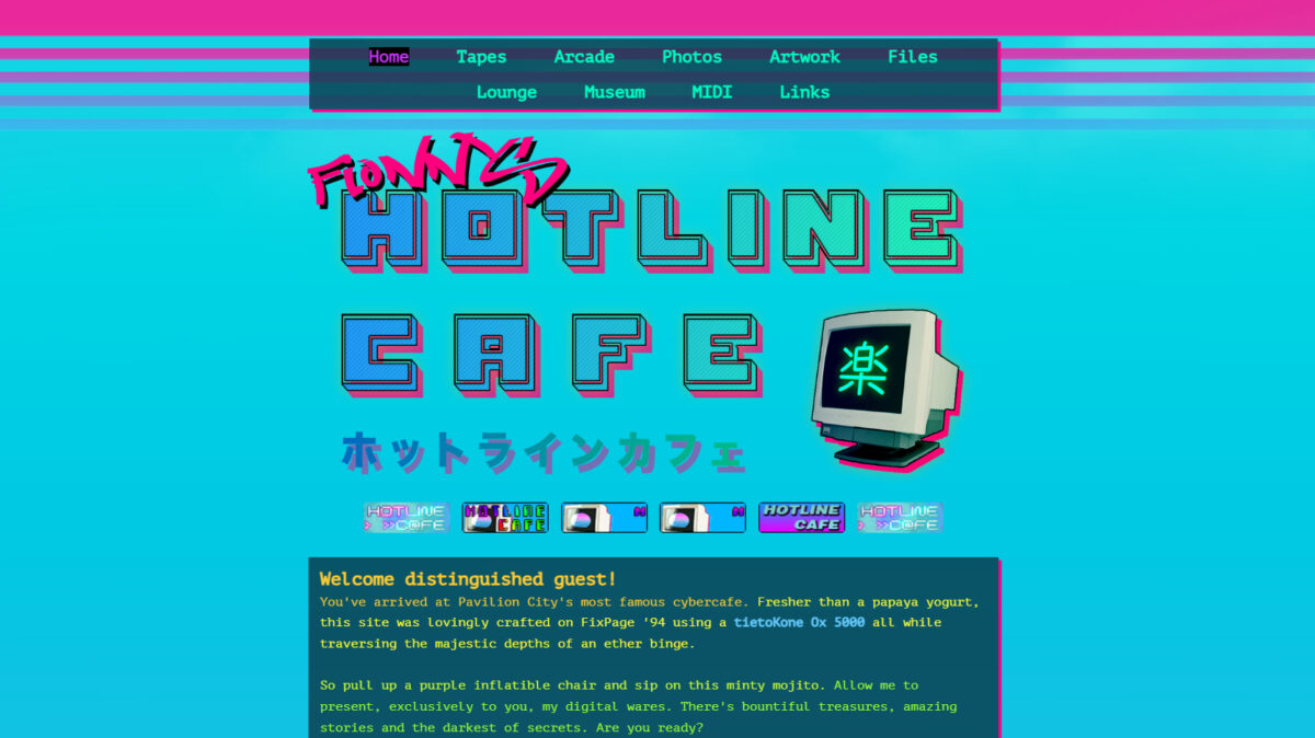 اسکرین‌شات از یک وب‌سایت با طراحی قدیمی و رنگارنگ به نام Hotline Cafe با المان‌های دهه ۹۰ میلادی.