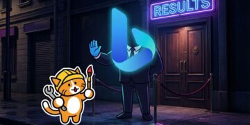 یک تصویر گرافیکی که لوگوی بینگ را به شکل نگهبان یک در نشان می‌دهد و یک گربه کارتونی با کلاه ایمنی در کنار آن است.