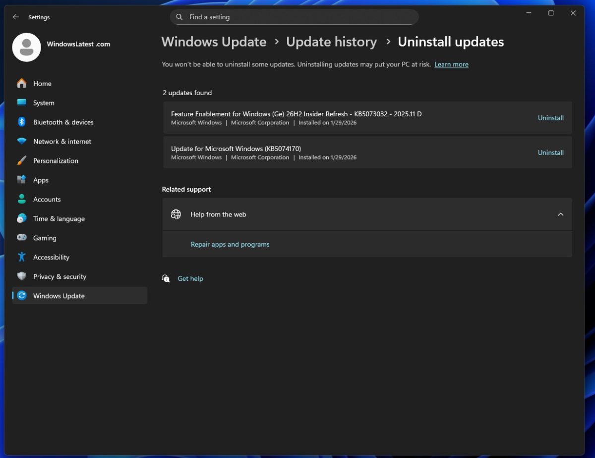 نمایش لیست به‌روزرسانی‌های نصب شده شامل بسته 26H2 Insider Refresh.