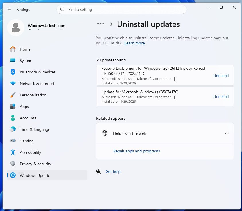 منوی Uninstall updates در ویندوز ۱۱ که نصب بودن آپدیت 26H2 را تایید می‌کند.