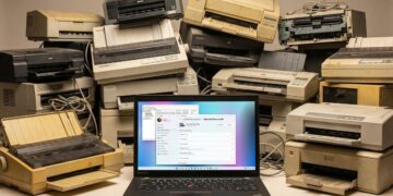 یک لپ‌تاپ ویندوزی در مقابل تپه‌ای از چاپگرهای قدیمی و مستهلک که نشان‌دهنده پایان پشتیبانی از درایورهای قدیمی است.