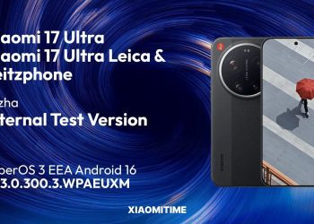 تصویر معرفی نسخه آزمایشی داخلی Xiaomi 17 Ultra / Xiaomi 17 Ultra Leica & Leitzphone با پسزمینه گرافیکی مارپیچی آبی. در تصویر، طراحی گوشی با ماژول دوربین دایرهای بزرگ Leica نمایش داده شده و اطلاعات نرمافزاری شامل HyperOS 3 EEA مبتنی بر Android 16 و شماره بیلد OS3.0.300.3.WPAEUXM بهصورت متنی درج شده است. منبع تصویر XiaomiTime ذکر شده است.