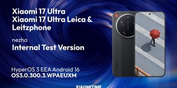 تصویر معرفی نسخه آزمایشی داخلی Xiaomi 17 Ultra / Xiaomi 17 Ultra Leica & Leitzphone با پس‌زمینه گرافیکی مارپیچی آبی. در تصویر، طراحی گوشی با ماژول دوربین دایره‌ای بزرگ Leica نمایش داده شده و اطلاعات نرم‌افزاری شامل HyperOS 3 EEA مبتنی بر Android 16 و شماره بیلد OS3.0.300.3.WPAEUXM به‌صورت متنی درج شده است. منبع تصویر XiaomiTime ذکر شده است.