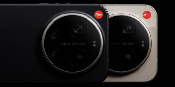 نمای نزدیک از طراحی ماژول دوربین پشتی گوشی‌های پرچم‌دار Xiaomi با همکاری Leica؛ ماژول دایره‌ای بزرگ شامل چند لنز و سنسور، لوگوی قرمز Leica در گوشه، و بدنه‌ای با بافت چرمی یا مات در دو رنگ تیره و روشن که بر تمرکز شیائومی بر عکاسی حرفه‌ای و سخت‌افزار پریمیوم تأکید دارد.