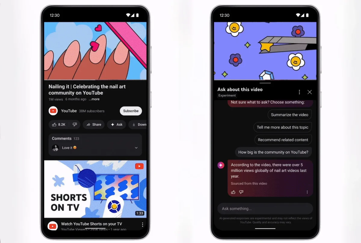 مقایسه رابط کاربری معمولی یوتیوب (سمت چپ) با رابط کاربری جدید دارای دکمه "Ask" و چتبات هوش مصنوعی برای پرسش درباره محتوای ویدیو (سمت راست)