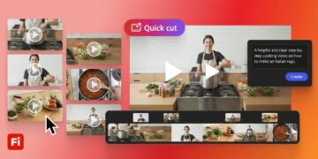 نمای رابط کاربری Adobe Firefly Quick Cut برای ویرایش خودکار ویدیو، شامل تایم‌لاین، کلیپ‌های چندگانه و پیش‌نمایش ساخت ویدیوی آموزشی آشپزی
