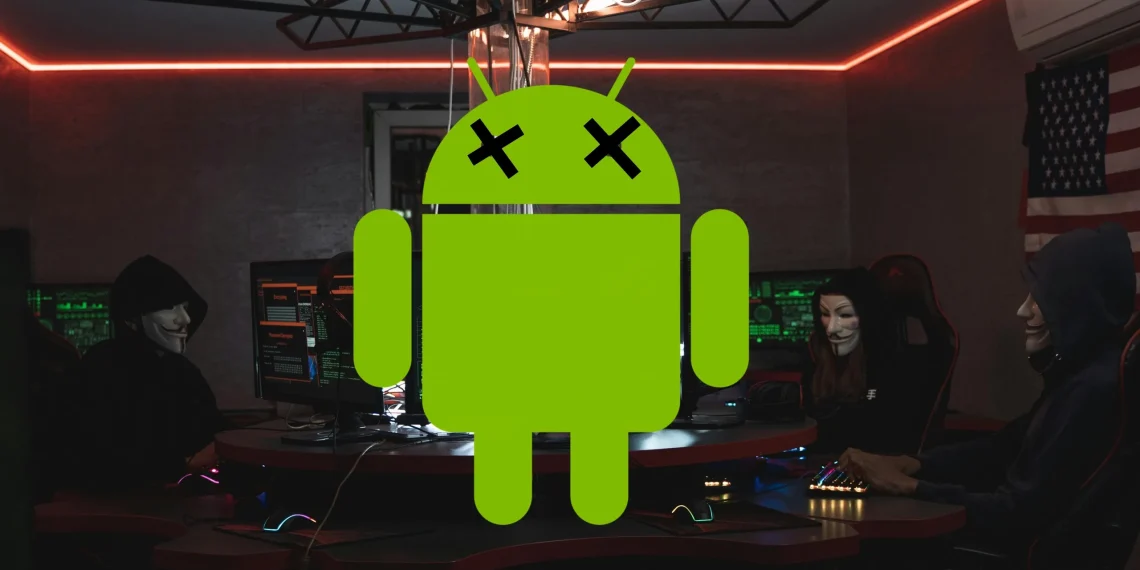 نماد اندروید با علامت X روی چشمها در مرکز تصویر در یک اتاق تاریک با هکرهای نقابدار؛ نماد بدافزار اندروید (Android Malware) و آسیبپذیریهای امنیتی موبایل