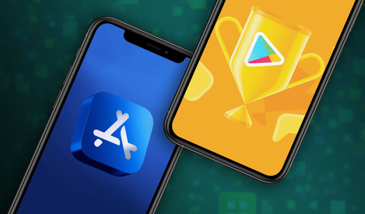 ترکیب گرافیکی از دو گوشی هوشمند که یکی لوگوی App Store اپل و دیگری نشان جام Google Play را نمایش می‌دهد؛ تصویری مفهومی از رقابت، دانلود و درآمد اپلیکیشن‌ها در بازار جهانی.