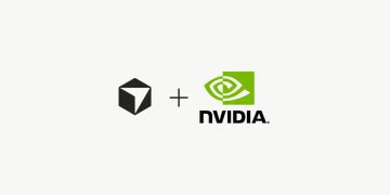 نمای گرافیکی از لوگوی NVIDIA در کنار یک لوگوی هندسی مکعبی مشکی از Cursor با علامت «+» در میان آن‌ها، که به همکاری یا یکپارچه‌سازی فناوری در حوزه هوش مصنوعی، پردازش گرافیکی یا زیرساخت محاسباتی اشاره دارد.