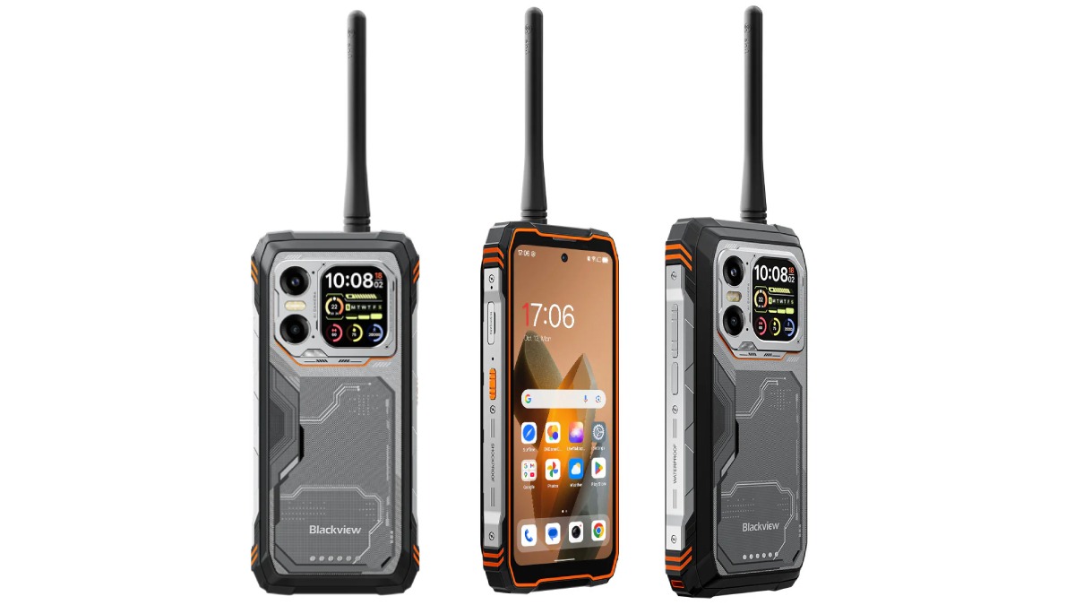 سه نمای مختلف (جلو، پشت و کنار) از گوشی جان‌سخت Blackview Xplore 1 با حاشیه‌های نارنجی.