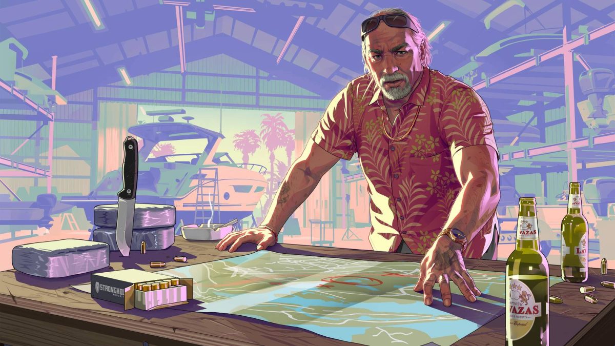 تصویر هنری با سبک ایلوستریشن از فضای Vice City که یک محیط صنعتی شبیه آشیانه قایق را نشان می‌دهد؛ روی میز چوبی نقشه‌ای گسترده شده و اطراف آن اشیایی مانند فشنگ، چاقو و بطری نوشیدنی قرار دارد، در حالی که در پس‌زمینه قایق لوکس، نخل‌ها و نورپردازی گرم شهری دیده می‌شود و حال‌وهوای جنایی دنیای GTA را منتقل می‌کند.